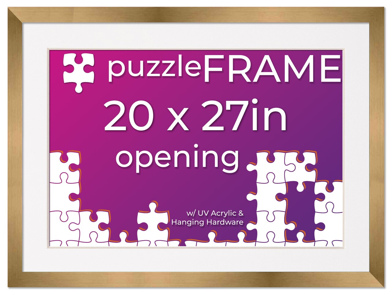 20x27 Jigsaw Puzzle Frame Kit - Kit Includes Puzzle Glue Sheets, Bronze Wood Puzzle Frame with White Mat, UV Acrylic, Backing,, Hanging Hardware